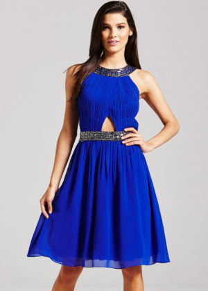 Royal Blue Chiffon Beads Halter Neckline Short Prom Dress 